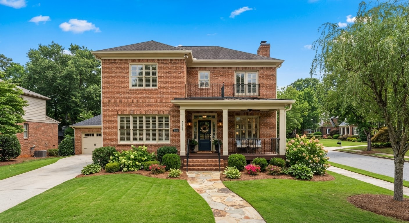 Clean Atlanta brick residence with manicured lawn under clear daytime sky