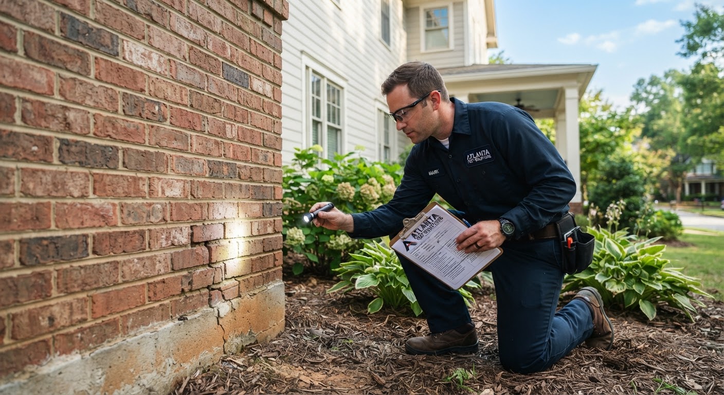 Pest control technician inspecting foundation perimeter of a residential home