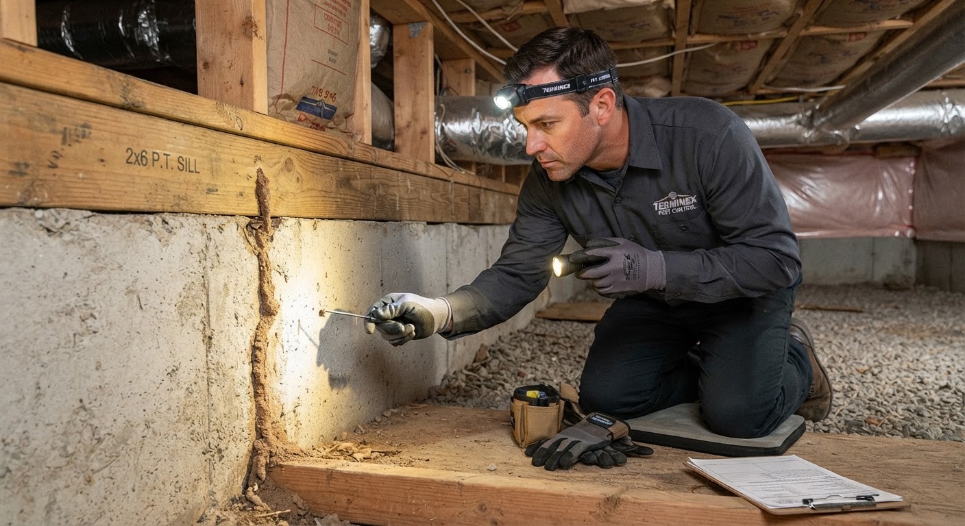 Technician checking crawlspace foundation wall for subterranean termite activity