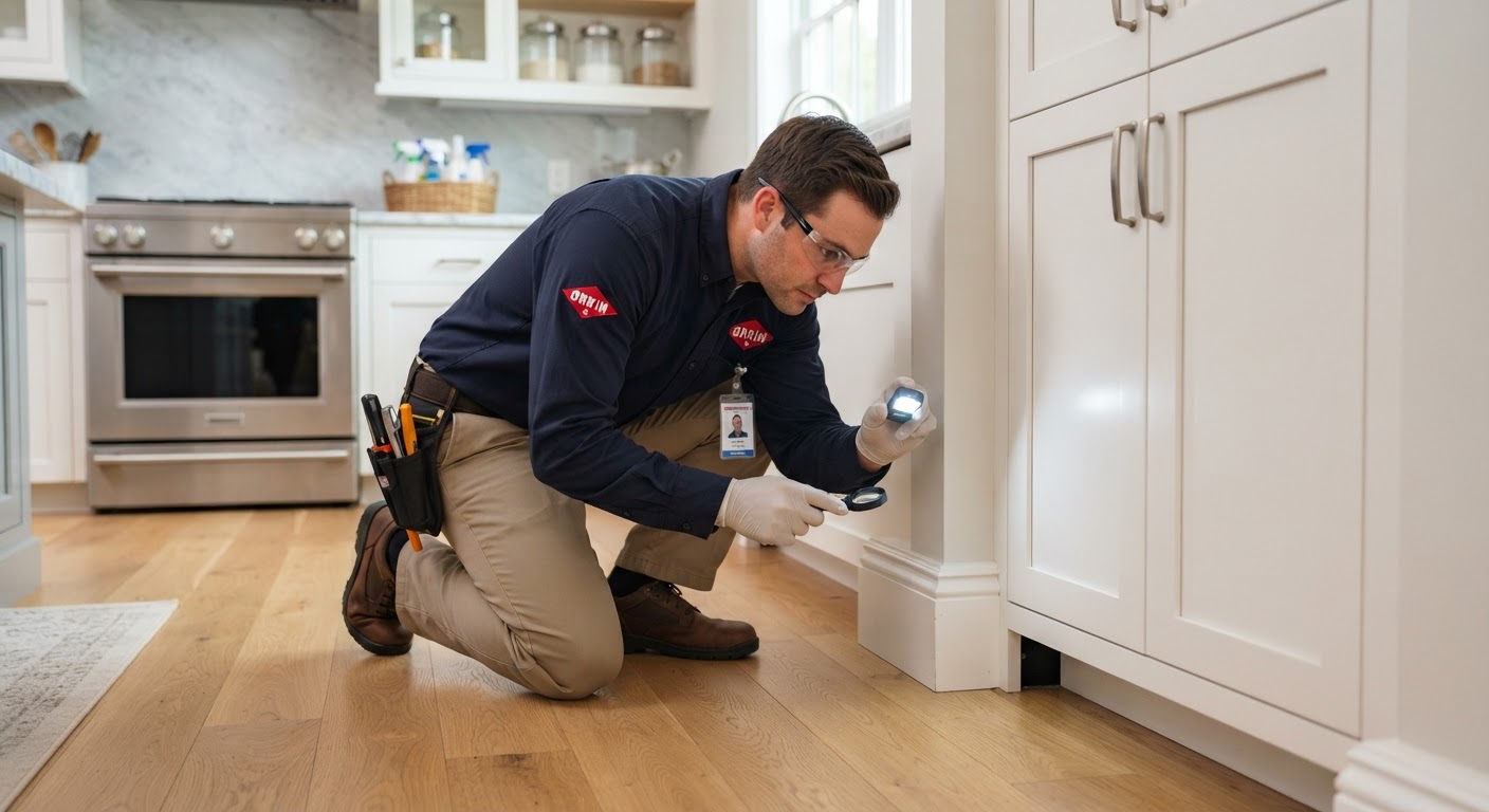Inspector evaluating indoor baseboard and utility entry zone
