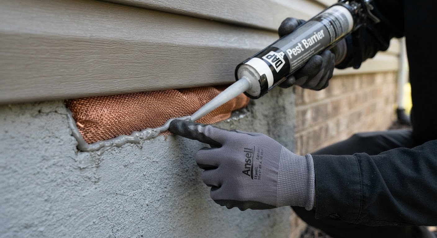 Technician sealing an exterior siding gap with durable mesh for rodent prevention