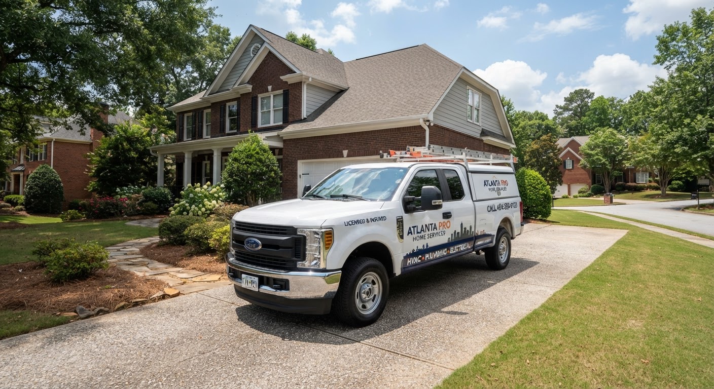 Pest control service vehicle parked outside an Atlanta suburban home