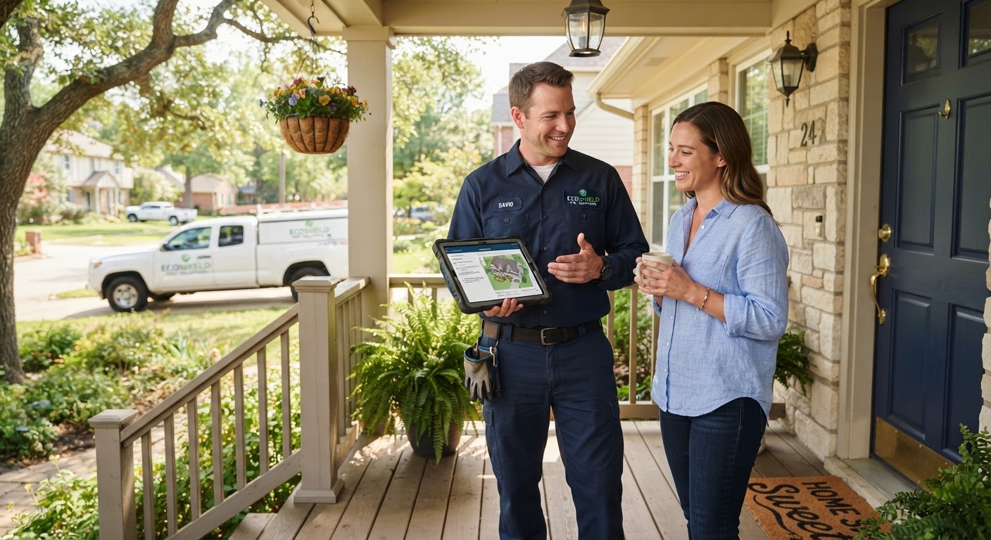 Homeowner speaking with a professional pest control technician on front porch